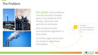 The	
  Problem	
  
Our  global  society  releases  
massive  amounts  of  waste  
gases  as  by-­‐products  of  its  
energy,  industrial,  and  
agricultural  processes.
Non-­‐compliance  with  
environmental  regula?ons  is  
very  costly.
Currently,  large  investments  
are  made  to  clean  these  
waste  gases.
•  Scrubbers
•  Ven?ng  installa?ons
•  Flaring  installa?ons
•  Etc.
 