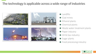 The	
  technology	
  is	
  applicable	
  across	
  a	
  wide	
  range	
  of	
  industries	
  
  Landﬁlls
  Coal  mines
  Ethanol  plants
  Chemical  plants
  Waste  water  treatment  plants
  Paper  industry
  Oil  &  Gas  industry
  Sugar  plants
  Food  processing  industry
 