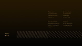 Follow-on
investments into
the best portfolio
companies
Co-investments
via partnership
networks in
eu, usa, Asia
Expansion
of the investment
focus geography
New investments
leveraging our strong
pipeline and market
experience
what's
next?
 