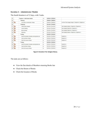 Advanced System Analysis 
Iteration 4 – Administrator Module 
The fourth Iteration is of 12 days, with 3 tasks.  
 
Figure 9: Iteration 4 for islington library. 
 
The tasks are as follows: 
 
● View the fine details of Members returning Books late 
● Check the Return of Books 
● Check the Issuance of Books 
 
 
24 | ​Page 
 
 