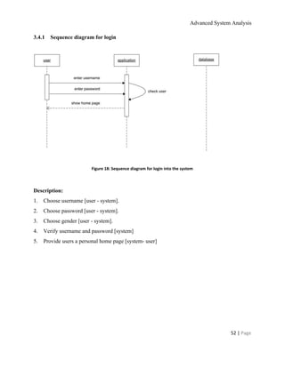 Advanced System Analysis 
3.4.1​       ​Sequence diagram for login 
 
 
 
Figure 18: Sequence diagram for login into the system 
 
Description: 
1.​       ​Choose username [user ­ system]. 
2.​       ​Choose password [user ­ system]. 
3.​       ​Choose gender [user ­ system]. 
4.​       ​Verify username and password [system] 
5.​       ​Provide users a personal home page [system­ user] 
  
  
  
  
  
  
  
52 | ​Page 
 
 