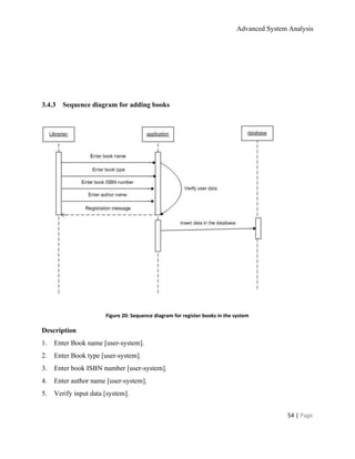 Advanced System Analysis 
  
  
  
 
3.4.3​       ​Sequence diagram for adding books 
  
 
  
Figure 20: Sequence diagram for register books in the system 
Description 
1.​       ​Enter Book name [user­system]. 
2.​       ​Enter Book type [user­system]. 
3.​       ​Enter book ISBN number [user­system]. 
4.​       ​Enter author name [user­system]. 
5.​       ​Verify input data [system]. 
54 | ​Page 
 
 