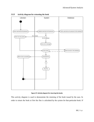 Advanced System Analysis 
3.5.5      Activity diagram for returning the book 
 
Figure 27: Activity diagram for returning the books 
This activity diagram is used to demonstrate the returning of the book issued by the uses. In                                 
order to return the book at first the fine is calculated by the system for that particular book. If                                     
68 | ​Page 
 
 