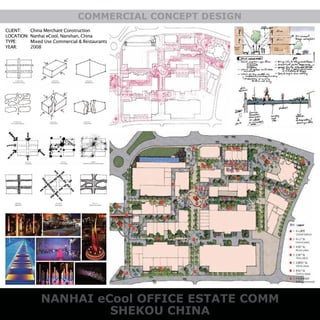 COMMERCIAL CONCEPT DESIGN
NANHAI eCool OFFICE ESTATE COMM
SHEKOU CHINA
CLIENT:
LOCATION:
TYPE:
YEAR:
China Merchant Construction
Nanhai eCool, Nanshan, China
Mixed Use Commercial & Restaurants
2008
 