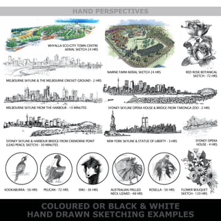 COLOURED OR BLACK & WHITE
HAND DRAWN SKETCHING EXAMPLES
HAND PERSPECTIVES
NEW YORK SKYLINE & STATUE OF LIBERTY - 3 HRS
WHYALLA ECO-CITY TOWN CENTRE
AERIAL SKETCH 24 HRS
NAIRNE FARM AERIAL SKETCH 24 HRS
AUSTRALIAN FRILLED
NECK LIZARD - 48 HRS
RED ROSE BOTANICAL
SKETCH - 72 HRS
ROSELLA - 56 HRS FLOWER BOUQUET
SKETCH - 120 HRS
KOOKABURRA - 56 HRS PELICAN - 72 HRS EMU - 36 HRS
MELBOURNE SKYLINE FROM THE HARBOUR - 10 MINUTES
MELBOURNE SKYLINE & THE MELBOURNE CRICKET GROUND - 2 HRS
SYDNEY SKYLINE & HARBOUR BRIDGE FROM CREMORNE POINT
(LEAD PENCIL SKETCH) - 30 MINUTES
SYDNEY SKYLINE OPERA HOUSE & BRIDGE FROM TARONGA ZOO - 2 HRS
SYDNEY OPERA
HOUSE - 4 HRS
 