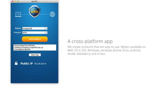 A cross-platform app
We create products that are easy to use. MyVpn available on
MAC OS X, iOS, Windows, windows phone, li...