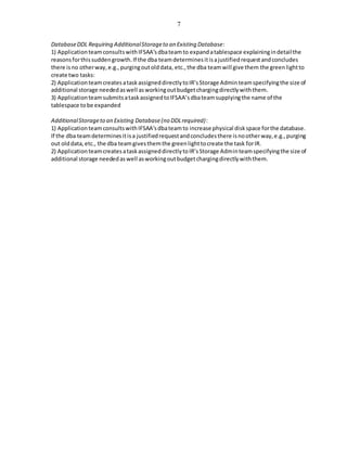 7
DatabaseDDL Requiring AdditionalStorageto an Existing Database:
1) ApplicationteamconsultswithIFSAA’sdbateamto expandatablespace explainingindetailthe
reasonsforthissuddengrowth.If the dba teamdeterminesitisajustifiedrequestandconcludes
there isno otherway,e.g.,purgingoutolddata, etc.,the dba teamwill give them the greenlightto
create two tasks:
2) ApplicationteamcreatesataskassigneddirectlytoIR’sStorage Adminteamspecifyingthe size of
additional storage neededaswell asworkingoutbudgetchargingdirectlywiththem.
3) ApplicationteamsubmitsataskassignedtoIFSAA’sdbateamsupplyingthe name of the
tablespace tobe expanded
AdditionalStorageto an Existing Database(no DDLrequired):
1) ApplicationteamconsultswithIFSAA’sdbateamto increase physical diskspace forthe database.
If the dba teamdeterminesitisa justifiedrequestandconcludesthere isnootherway,e.g.,purging
out olddata,etc., the dba teamgivesthemthe greenlighttocreate the task forIR.
2) ApplicationteamcreatesataskassigneddirectlytoIR’sStorage Adminteamspecifyingthe size of
additional storage neededaswell asworkingoutbudgetchargingdirectlywiththem.
 