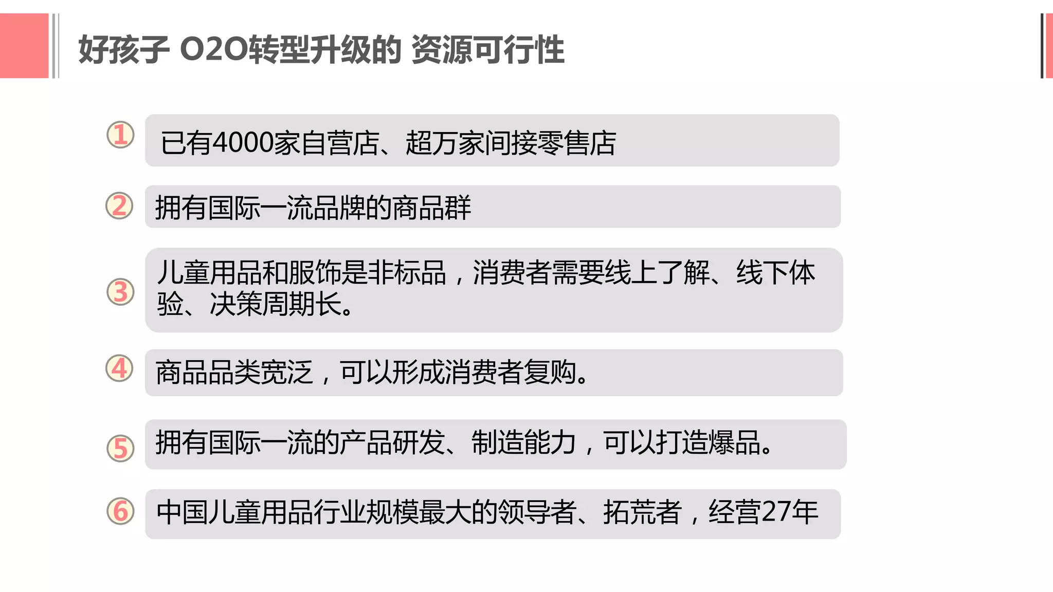 好孩子 O2O转型升级的 资源可行性
拥有国际一流品牌的商品群
1
2
3
4
已有4000家自营店、超万家间接零售店
儿童用品和服饰是非标品，消费者需要线上了解、线下体
验、决策周期长。
商品品类宽泛，可以形成消费者复购。
拥有国际一流的产品研发、制造能力，可以打造爆品。5
6 中国儿童用品行业规模最大的领导者、拓荒者，经营27年
 
