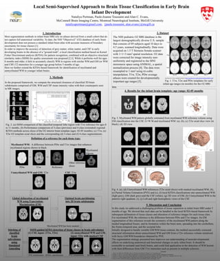 Local Semi-Supervised Approach to Brain Tissue Classification in Early Brain
Infant Development
Nataliya Portman, Paule-Joanne Toussaint and Alan C. Evans,
McConnell Brain Imaging Centre, Montreal Neurological Institute, McGill University
nataliyaportman@gmail.com, {paule.toussaint, alan.evans}@mcgill.ca
1. Introduction
Most segmentation methods in infant brain MRI rely on atlases derived from a small cohort that do
not capture full anatomical variability. To date, the NIH "Objective2” (O2) database of early brain
development does not possess a standard infant brain atlas with accurate measures of boundary
uncertainty for tissue classes [1].
In order to improve the accuracy of detection of grey matter, white matter, and CSF in early
developing brains in the absence of a "ground truth", a local classification method based on Kernel
Fisher Discriminant analysis (KFDA) for pattern recognition, combined with an objective structural
similarity index (SSIM) for quality assessment was proposed [2,3]. While it performs well for ages
8 months and older, it fails to accurately classify WM in regions with similar WM and GM (or WM
and CSF) T2 intensities for a younger age group before 5 months of age.
Here we further extend the KFDA-based framework for identification of myelinated and
unmyelinated WM in younger infant brains.
2. Dataset
Fig. 1. T1w, T2w and PDw templates for early
infant age ranges (in months) for the O2 MRI
data.
3. Methods
− =
4. Results for the infant brain template: age range: 02-05 months
Fig. 3. Myelinated WM pattern globally estimated from myelinated WM reference volume using
EM classification into the CSF, G+W M and myelinated WM: (a), (b), (c) T2w axial slice view (in
black), (d) 3D view.
Fig. 4. (a), (d) Unmyelinated WM references (T2w axial slices) with masked myelinated WM, (b),
(e) Partial Volume Estimation (PVE) and (c), (f) local KFDA classifications into unmyelinated WM
(light grey), GM (dark grey) and the CSF (white), (g) 3D view of GM, (h) Unmyelinated WM in the
anterior right quadrant, (i), (j) Left and right hemispheric views of the CSF.
5. Discussion and Conclusion
In this study we addressed a challenging problem of tissue separation in infant brain MRI under 5
months of age. We showed that such data can be handled in the local KFDA-based framework by
subsequent delineation of tissue classes and alteration of reference images for each tissue class.
For myelinated WM, the reference is the difference between PDw and T1w images. An EM
segmentation of this reference reveals the symmetry of the myelinated WM pattern along the
medial longitudinal fissure, and its formation within the brain stem, spreading into the cerebellum,
the fronto-temporal area, and the occipital lobe.
Initially designed to handle variable GM/WM tissue contrast, the method successfully extracted
structural information about unmyelinated WM and GM from a T2w reference volume initialized
with fuzzy GM/WM boundaries obtained by PVE.
The segmentation strategy presented here improves our understanding of neurodevelopmental
effects on underlying anatomical and functional changes in early infant brain. It should be
extensible to neonatal (and fetal) brains, and could find application in the detection of WM lesions
with faint differences from GM T1w intensities such as present in multiple sclerosis.
Literature
1. Almli, C.R. (2007):The NIH MRI study of normal brain development (Objective-2), NeuroImage 35(1).
2. Portman, N. (2015): "Local semi-supervised approach to brain tissue classification in child brain MRI", Submitted to NeuroImage.
3. Portman, N. (2013): Novel Vector-Valued Approach to Automatic Brain Tissue Classification, MCV-MICCAI2012 Proc., Springer LNCS, Vol. 7766.
4. Collins, D.L. (1999): ANIMAL+INSECT: Improved Cortical Structure Segmentation, IPMI LNCS, Vol. 1613.
5. Fonov, V. (2011): Unbiased average age-appropriate atlases for pediatric studies. NeuroImage , 54(1).
{Courtesy of V. Fonov, available online at at http://www.bic.mni.mcgill.ca/ServicesAtlases/NIHPD-obj2}
The NIH pediatric O2 MRI database is the
largest demographically diverse U.S. sample
that consists of 69 subjects aged 10 days to
4.5 years, scanned longitudinally. Data were
acquired on 1.5 T Siemens Sonata scanner
with 1×1×3 mm3 spatial resolution. O2 data
were corrected for image intensity non-
uniformity and registered to the MNI
stereotaxic space using ANIMAL, a spatial
normalization process [4]. The data were
resampled to 1 mm3 using tri-cubic
interpolation. T1w, T2w, PDw average
atlases were created for developmentally
important age ranges [5].In the proposed framework, we compute the structural closeness of classified 3D brain
subdomains comprised of GM, WM and CSF mean intensity value with their counterparts seen
in MR images.
MeanSSIM=0.8460
Fig. 2. (a) SSIM comparison of the classified temporal lobe region with T1w reference for ages 8
to 11 months, (b) Performance comparison of 3-class (previous) and 4-class (extended) regional
KFDA methods across slices of the O2 interior brain template (ages: 02-05 months), (c) T1w, (e)
T2w O2 template axial slices and the corresponding (d) 3-class and (f) 4-class segmentations.
Definition of a reference for each tissue type:
Myelinated WM: A difference between PDw and T1w images that enhances
myelinated regions shown in black
Unmyelinated WM and GM: T2w CSF: T1w
PDw T1w Reference
Other reference
slices
Myelinated
regions
Global delineation of myelinated
WM using Expectation-
Maximization (EM)
Optimal brain partitioning
into 3D brain subdomains
SSIM-guided KFDA detection of tissue classes in brain subvolumes
(1) CSF, input: (T1w, T2w) (2) unmyelinated WM and GM,
input: T2w with masked CSF
Myelinated WM has been masked
PVE initialization KFDA classification PVE initialization KFDA classification
Stitching of
classified
brain
subvolumes
using
Simulated
Annealing
(a) (b) (c)
(d) (e) (f)
(a) (b) (c)
(d)
(g)
(h)
(i) (j)
(c) (d)
(e) )
(a)
(b)
Total MSSIM
3-class 4-class
0.8245 0.8667
 