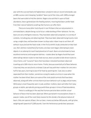 year with the scarcest food and highest bear complaint rates on record nationwide, saw
an 88% success rate in keeping “problem” bears out of the cities, with 100% amongst
bears that were able to find the stations. Rogers also said that in years of food
abundance, bears ignored even the feeding stations, meaning that bears prefer food
from their natural habitat to anything that humans can offer them.
There are many other traits found in real life bears that are not prevalent in
animated bears, despite being crucial to our understanding of their behavior. For one,
bears are very intelligent creatures. They have been observed using tools in a variety of
contexts, including play and obtaining food. They have been observed trying to pick a lock
using a single claw, and have been known to drop rocks in bear traps to set them off
without injury and eat the food inside. In the first scientific study conducted on bear tool
use, their abilities rivaled that of primates; one bear even began attempting to stack
objects in an attempt to reach food placed out of reach. Bears are also known to have
excellent memories and navigation abilities – studies done by Rogers found that even
when taking indirect routes to new food sources, bears are able to take direct routes to
return home, and “nuisance” bears that have been relocated have been observed
traveling up to 168 miles to return home. Finally, because essentially all of bear behavior
is learned, they are very family-oriented. Cubs will stay with their mothers for one and a
half to two years, learning to search for food by watching her. Cubs also cry when
separated from their mother, sometimes crying for weeks at a time in cases when the
mother has been killed. Bears are some of the most playful animals that have been
observed, along with other animals that must learn behavior such as dogs and primates.
While play is most frequently seen in cubs and their mothers, bears will often form play
groups as adults, periodically joining up with these groups in times of food abundance.
There is a wide gap in the way that humans perceive bears and the actual
behavior of bears that has been observed. When paired with misconceptions shown in
popular media, one of the most likely reasons for this divide is the physical stature of
bears. Only one species of bear, the sun bear, maxes out below 300 pounds, with grizzlies
weighing well upwards of 1,000 pounds. Even the herbivorous panda bear possesses
 
