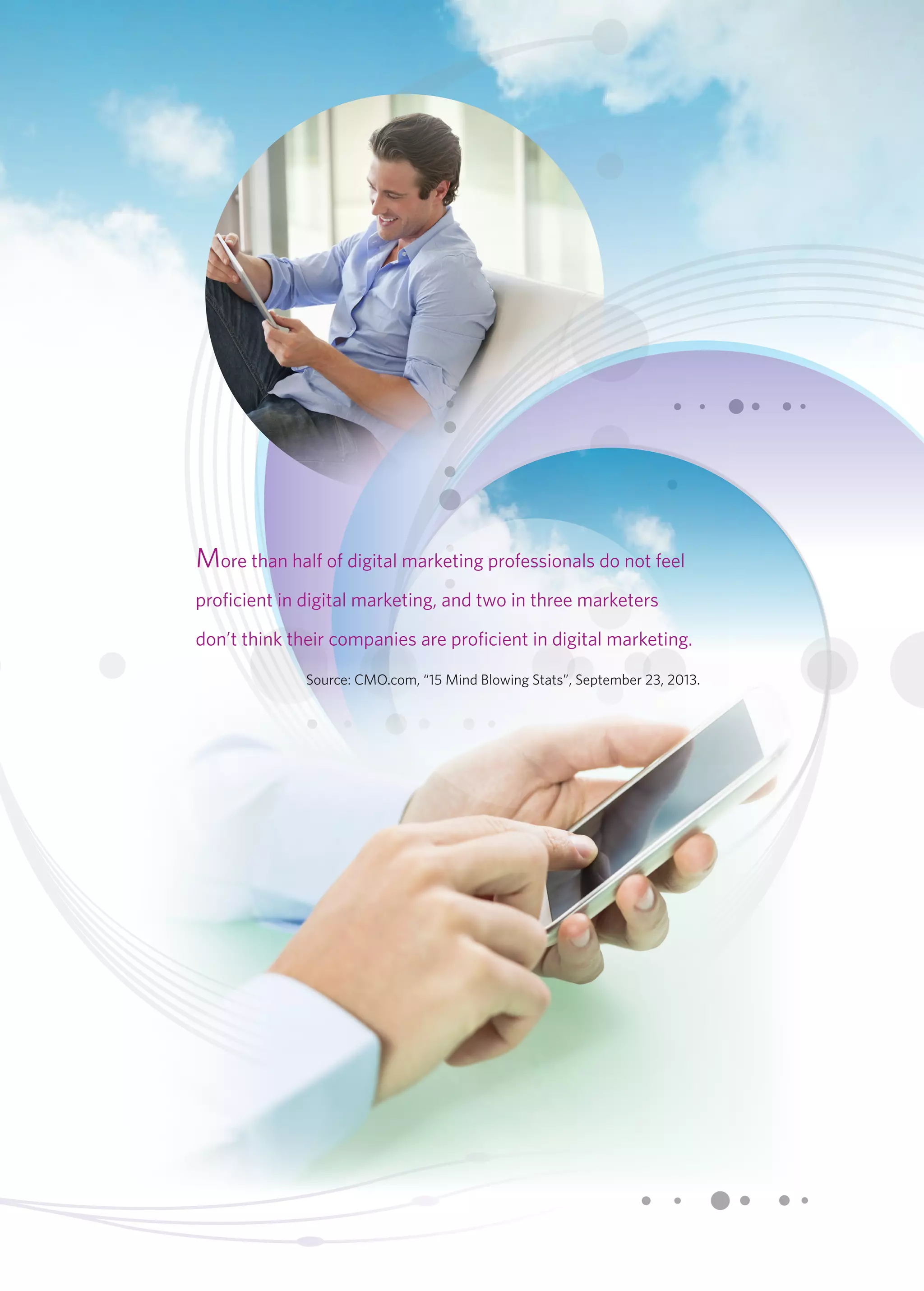 More than half of digital marketing professionals do not feel 
proficient in digital marketing, and two in three marketers 
don’t think their companies are proficient in digital marketing. 
Source: CMO.com, “15 Mind Blowing Stats”, September 23, 2013. 
 