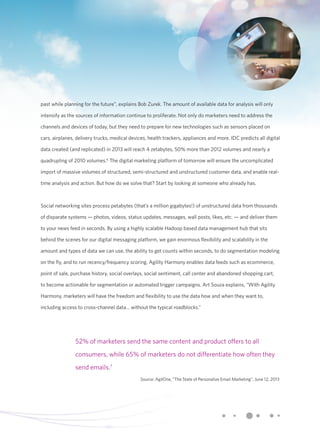52% of marketers send the same content and product offers to all 
consumers, while 65% of marketers do not differentiate how often they 
send emails.7 
Source: AgilOne, “The State of Personalize Email Marketing”, June 12, 2013 
past while planning for the future”, explains Bob Zurek. The amount of available data for analysis will only 
intensify as the sources of information continue to proliferate. Not only do marketers need to address the 
channels and devices of today, but they need to prepare for new technologies such as sensors placed on 
cars, airplanes, delivery trucks, medical devices, health trackers, appliances and more. IDC predicts all digital 
data created (and replicated) in 2013 will reach 4 zetabytes, 50% more than 2012 volumes and nearly a 
quadrupling of 2010 volumes.6 The digital marketing platform of tomorrow will ensure the uncomplicated 
import of massive volumes of structured, semi-structured and unstructured customer data, and enable real-time 
analysis and action. But how do we solve that? Start by looking at someone who already has. 
Social networking sites process petabytes (that’s a million gigabytes!) of unstructured data from thousands 
of disparate systems — photos, videos, status updates, messages, wall posts, likes, etc. — and deliver them 
to your news feed in seconds. By using a highly scalable Hadoop based data management hub that sits 
behind the scenes for our digital messaging platform, we gain enormous flexibility and scalability in the 
amount and types of data we can use, the ability to get counts within seconds, to do segmentation modeling 
on the fly, and to run recency/frequency scoring. Agility Harmony enables data feeds such as ecommerce, 
point of sale, purchase history, social overlays, social sentiment, call center and abandoned shopping cart, 
to become actionable for segmentation or automated trigger campaigns. Art Souza explains, “With Agility 
Harmony, marketers will have the freedom and flexibility to use the data how and when they want to, 
including access to cross-channel data… without the typical roadblocks.” 
 