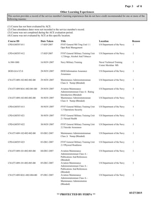 Page of3
03/27/2015
** PROTECTED BY FERPA **
8
CPD-GMT07-011
CPD-GMT07-012
A-500-1000
DOD-IAA-V5.0
CNATT-009-102-002-002-B0
CNATT-009-MA1-002-001-B0
CNATT-009-102-002-002-B0
CPD-GMT07-013
CPD-GMT07-021
CPD-GMT07-022
CNATT-009-102-002-002-B0
CPD-GMT07-023
CNATT-009-101-002-003-B0
CNATT-009-101-002-003-B0
CNATT-009-MA1-002-004-B0
Course ID Date Taken Title Location Reason
(1) Course has not been evaluated by ACE.
(2) Class attendance dates were not recorded in the service member's record.
(3) Course was not completed during the ACE evaluation period.
(4) Course was not evaluated by ACE at this specific location.
Other Learning Experiences
FY07 General Mil Trng Unit 1.1
Oper Risk Management
FY07 General Military Training Unit
1.2 Drugs, Alcohol And Tobacco
Navy Military Training
DOD Information Assurance
Awareness
Maintenance Administrationman
Class A Namp (Blended)
Aviation Maintenance
Administrationman Class A - Rating
Introduction (Blended)
Maintenance Administrationman
Class A Namp (Blended)
FY07 General Military Training Unit
1.3 Operations Security
FY07 General Military Training Unit
2.1 Sexual Health
FY07 General Military Training Unit
2.2 Suicide Awareness
Maintenance Administrationman
Class A Namp (Blended)
FY07 General Military Training Unit
2.3 Physical Readiness
Aviation Maintenance
Administrationman Class A -
Publications And References
(Blended)
Aviation Maintenance
Administrationman Class A -
Publications And References
(Blended)
Aviation Maintenance
Administrationman Class A -
Maintenance Administration
(Blended)
US Department of the Navy
US Department of the Navy
Naval Technical Training
Center Meridian MS
US Department of the Navy
US Department of the Navy
US Department of the Navy
US Department of the Navy
US Department of the Navy
US Department of the Navy
US Department of the Navy
US Department of the Navy
US Department of the Navy
US Department of the Navy
US Department of the Navy
US Department of the Navy
1
1
1
1
1
1
1
1
1
1
1
1
1
1
1
17-SEP-2007
17-SEP-2007
16-NOV-2007
28-NOV-2007
29-NOV-2007
29-NOV-2007
30-NOV-2007
30-NOV-2007
30-NOV-2007
30-NOV-2007
03-DEC-2007
03-DEC-2007
04-DEC-2007
05-DEC-2007
07-DEC-2007
This section provides a record of the service member's learning experiences that do not have credit recommended for one or more of the
following reasons:
 