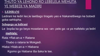 THUTO YA LEHONO RO LEBELELA MEHUTA
YE MEBEDI YA MADIRI
1. LEDIRANI
Ledirani ke lediri leo,le laetšago tiragalo yeo e hlakanetšwego ke bobedi
goba sehlopha.
Sebopego sa ledirani
Le bopša ka go beya moselana wa –an- pele ga –a ya mafelelo ya lediri
mehlala;
Rata >Rat-an-a = Ratana
Thabo o ratana le Mokgadi.
Hlaba >hlab-an-a = Hlabana
Kgomo go hlabana tša šaka le tee.
 