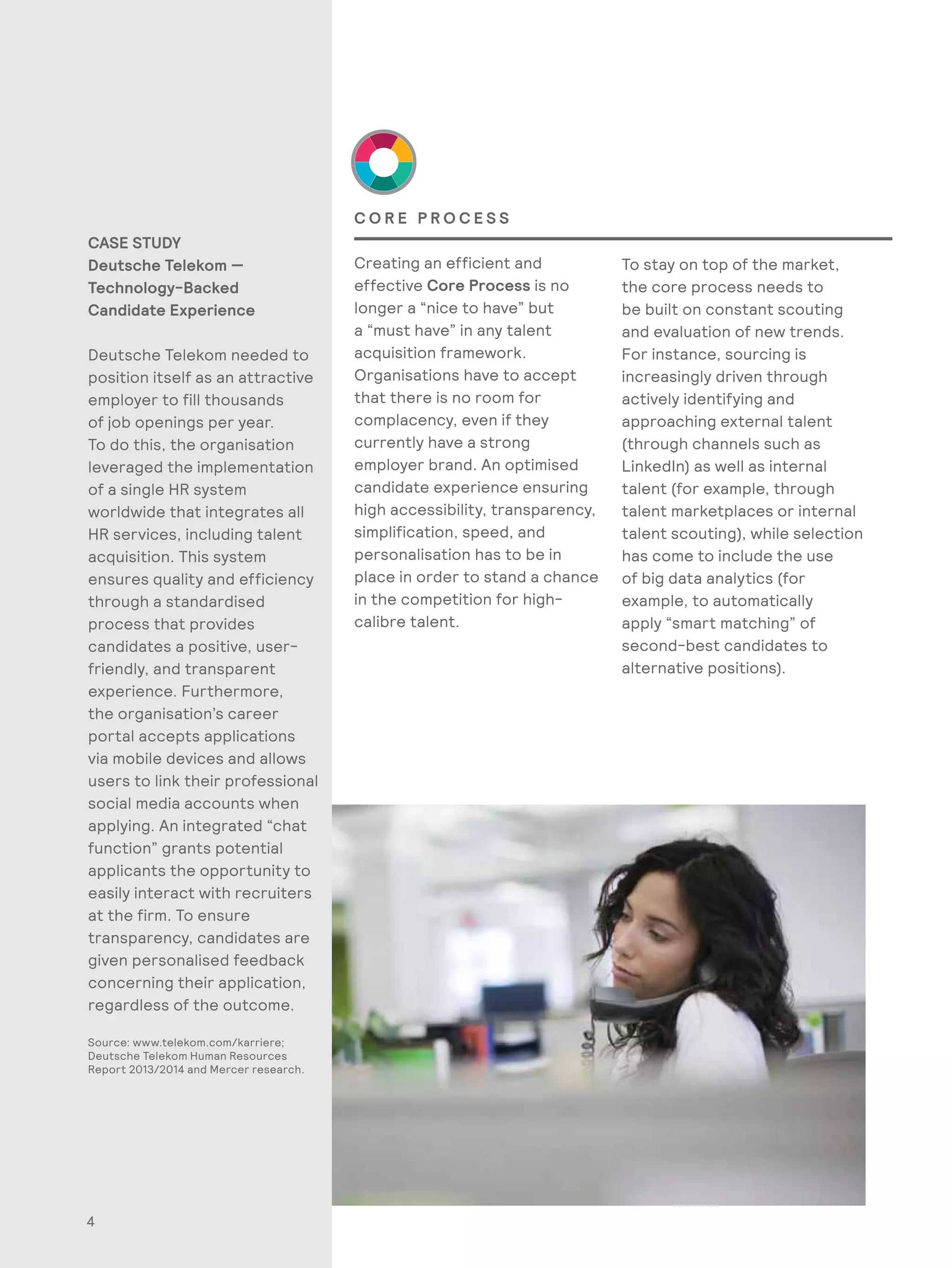 4
CASE STUDY
Deutsche Telekom —
Technology-Backed
Candidate Experience
Deutsche Telekom needed to
position itself as an attractive
employer to fill thousands
of job openings per year.
To do this, the organisation
leveraged the implementation
of a single HR system
worldwide that integrates all
HR services, including talent
acquisition. This system
ensures quality and efficiency
through a standardised
process that provides
candidates a positive, user-
friendly, and transparent
experience. Furthermore,
the organisation’s career
portal accepts applications
via mobile devices and allows
users to link their professional
social media accounts when
applying. An integrated “chat
function” grants potential
applicants the opportunity to
easily interact with recruiters
at the firm. To ensure
transparency, candidates are
given personalised feedback
concerning their application,
regardless of the outcome.
Source: www.telekom.com/karriere;
Deutsche Telekom Human Resources
Report 2013/2014 and Mercer research.
4
C O R E P R O C E S S
Creating an efficient and
effective Core Process is no
longer a “nice to have” but
a “must have” in any talent
acquisition framework.
Organisations have to accept
that there is no room for
complacency, even if they
currently have a strong
employer brand. An optimised
candidate experience ensuring
high accessibility, transparency,
simplification, speed, and
personalisation has to be in
place in order to stand a chance
in the competition for high-
calibre talent.
To stay on top of the market,
the core process needs to
be built on constant scouting
and evaluation of new trends.
For instance, sourcing is
increasingly driven through
actively identifying and
approaching external talent
(through channels such as
LinkedIn) as well as internal
talent (for example, through
talent marketplaces or internal
talent scouting), while selection
has come to include the use
of big data analytics (for
example, to automatically
apply “smart matching” of
second-best candidates to
alternative positions).
 