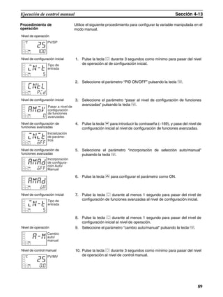 89
Ejecución de control manual Sección 4-13
Procedimiento de
operación
Utilice el siguiente procedimiento para configurar la variable manipulada en el
modo manual.
Nivel de operación
Nivel de configuración inicial 1. Pulse la tecla O durante 3 segundos como mínimo para pasar del nivel
de operación al de configuración inicial.
2. Seleccione el parámetro “PID ON/OFF” pulsando la tecla M.
Nivel de configuración inicial 3. Seleccione el parámetro “pasar al nivel de configuración de funciones
avanzadas” pulsando la tecla M.
Nivel de configuración de
funciones avanzadas
4. Pulse la tecla D para introducir la contraseña (−169), y pase del nivel de
configuración inicial al nivel de configuración de funciones avanzadas.
Nivel de configuración de
funciones avanzadas
5. Seleccione el parámetro “incorporación de selección auto/manual”
pulsando la tecla M.
6. Pulse la tecla U para configurar el parámetro como ON.
Nivel de configuración inicial 7. Pulse la tecla O durante al menos 1 segundo para pasar del nivel de
configuración de funciones avanzadas al nivel de configuración inicial.
8. Pulse la tecla O durante al menos 1 segundo para pasar del nivel de
configuración inicial al nivel de operación.
Nivel de operación 9. Seleccione el parámetro “cambio auto/manual” pulsando la tecla M.
Nivel de control manual 10. Pulse la tecla O durante 3 segundos como mínimo para pasar del nivel
de operación al nivel de control manual.
C
25
100
PV/SP
in-t
5
Tipo de
entrada
cntl
pid
amov
0
Pasar a nivel de
configuración
de funciones
avanzadas
init
off
Inicialización
de paráme-
tros
amad
off
Incorporación
de configura-
ción Auto/
Manual
amad
on
in-t
5
Tipo de
entrada
a-m
Cambio
auto/
manual
C
25
0.0
PV/MV
 