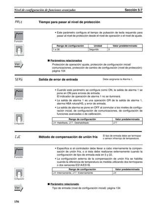 156
Nivel de configuración de funciones avanzadas Sección 5-7
• Este parámetro configura el tiempo de pulsación de tecla requerido para
pasar al nivel de protección desde el nivel de operación o el nivel de ajuste.
■ Parámetros relacionados
Protección de operación/ ajuste, protección de configuración inicial/
comunicaciones, protección de cambio de configuración (nivel de protección):
página 104
• Cuando este parámetro se configura como ON, la salida de alarma 1 se
pone en ON para errores de entrada.
El indicador de operación de alarma 1 no se iluminará.
• La salida de alarma 1 es una operación OR de la salida de alarma 1,
alarma HBA rotura/HS, y error de entrada.
• La salida de alarma se pone en OFF al conmutar a los niveles de configu-
ración inicial, de configuración de comunicaciones, de configuración de
funciones avanzadas o de calibración.
• Especifica si el controlador debe llevar a cabo internamente la compen-
sación de unión fría, o si ésta debe realizarse externamente cuando la
configuración de tipo de entrada está en 5 y 22.
• La configuración externa de la compensación de unión fría se habilita
cuando la diferencia de temperatura es medida utilizando dos termopares
o dos sensores ES1A/ES1B.
■ Parámetro relacionado
Tipo de entrada (nivel de configuración inicial): página 134
prlt Tiempo para pasar al nivel de protección
Rango de configuración Unidad Valor predeterminado
1 a 30 Segundo 3
Función
Configuración
VerVer
sero Salida de error de entrada Debe asignarse la Alarma 1.
Rango de configuración Valor predeterminado
on: Habilitado, off: Deshabilitado off
Función
Configuración
cjc Método de compensación de unión fría El tipo de entrada debe ser termopar
o sensor infrarrojo de temperatura.
Rango de configuración Valor predeterminado
on: Internamente, off: Externamente on
Función
Configuración
VerVer
 