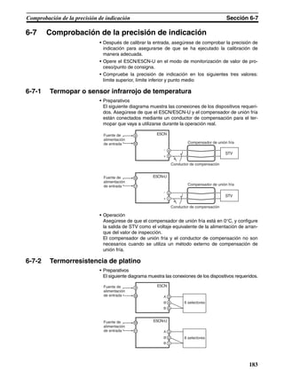 183
Comprobación de la precisión de indicación Sección 6-7
6-7 Comprobación de la precisión de indicación
• Después de calibrar la entrada, asegúrese de comprobar la precisión de
indicación para asegurarse de que se ha ejecutado la calibración de
manera adecuada.
• Opere el E5CN/E5CN-U en el modo de monitorización de valor de pro-
ceso/punto de consigna.
• Compruebe la precisión de indicación en los siguientes tres valores:
límite superior, límite inferior y punto medio
6-7-1 Termopar o sensor infrarrojo de temperatura
• Preparativos
El siguiente diagrama muestra las conexiones de los dispositivos requeri-
dos. Asegúrese de que el E5CN/E5CN-U y el compensador de unión fría
están conectados mediante un conductor de compensación para el ter-
mopar que vaya a utilizarse durante la operación real.
• Operación
Asegúrese de que el compensador de unión fría está en 0°C, y configure
la salida de STV como el voltaje equivalente de la alimentación de arran-
que del valor de inspección.
El compensador de unión fría y el conductor de compensación no son
necesarios cuando se utiliza un método externo de compensación de
unión fría.
6-7-2 Termorresistencia de platino
• Preparativos
El siguiente diagrama muestra las conexiones de los dispositivos requeridos.
E5CN
4
5
9
10
STV
−
+
E5CN-U
2
1
11
10
STV
−
+
Fuente de
alimentación
de entrada
Fuente de
alimentación
de entrada
Compensador de unión fría
Compensador de unión fría
Conductor de compensación
Conductor de compensación
E5CN
4
3
5
10
9
E5CN-U
2
3
1
11
10
A
B'
B
A
B'
B
Fuente de
alimentación
de entrada
Fuente de
alimentación
de entrada
6 selectores
6 selectores
 