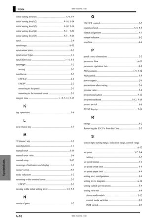 Index
Appendices
initial setting level (1)............................................... A-9, 5-9
initial setting level (2)........................................... A-10, 5-14
initial setting level (3)........................................... A-10, 5-16
initial setting level (4)........................................... A-11, 5-20
initial setting level (5)........................................... A-11, 5-24
input ..................................................................................2-6
input range......................................................................A-12
input sensor error..............................................................A-5
input sensor types..............................................................1-4
input shift value....................................................... 3-16, 5-5
input type...........................................................................3-2
setting............................................................................3-2
installation.........................................................................2-2
E5CS-U.........................................................................2-2
E5CSV..........................................................................2-2
mounting to the panel....................................................2-3
mounting to the terminal cover .....................................2-3
integral time .................................................3-12, 5-12, 5-15
K
key operations ...................................................................1-6
L
lock release key.................................................................1-3
M
M (mode) key...................................................................1-3
main functions...................................................................1-4
manual reset ....................................................................5-10
manual reset value.............................................................5-6
manual setup ...................................................................3-12
meanings of indicators and display ...................................1-2
memory error....................................................................A-5
mode indicators.................................................................1-2
mounting to the terminal cover..........................................2-3
E5CSV..........................................................................2-3
moving to the initial setting level .............................. 4-2, 5-8
N
names of parts ...................................................................1-2
O
ON/OFF control................................................................3-5
operation level...........................................................A-8, 5-3
output assignment .............................................................4-3
output indicator.................................................................1-2
overflow...........................................................................A-4
P
panel cutout dimensions....................................................2-2
parameter flow ...............................................................A-15
parameter operation lists..................................................A-8
PID constants...........................................................3-9, 3-12
PID control........................................................................3-5
power supply.....................................................................2-6
precautions when wiring...................................................2-6
process value.....................................................................5-4
proportional action..........................................................3-12
proportional band...................................................3-12, 5-15
protect switch....................................................................1-9
PV/SP display .................................................................5-10
R
ratings ..............................................................................A-2
Removing the E5CSV from the Case................................2-3
S
sensor input setting range, indication range, control range
...................................................................................A-12
set point......................................................................3-7, 5-4
setting ...........................................................................3-7
set point limiter.................................................................4-6
set point lower limit ..........................................................4-6
set point upper limit ..........................................................4-6
setting level configuration.................................................1-6
setting levels diagram.....................................................A-14
setting output specifications..............................................3-6
setting switches.................................................................1-8
alarm mode switch......................................................1-12
control mode switches ..................................................1-9
INIT switch...................................................................1-9
A-18
www.eusens.com
www.eusens.com
 