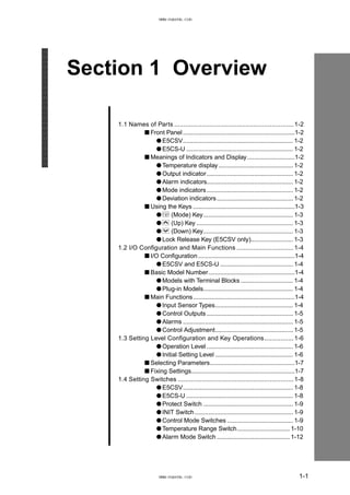 Section 1 Overview
1.1 Names of Parts .................................................................1-2
■ Front Panel ..................................................................1-2
● E5CSV................................................................. 1-2
● E5CS-U ............................................................... 1-2
■ Meanings of Indicators and Display............................1-2
● Temperature display............................................ 1-2
● Output indicator................................................... 1-2
● Alarm indicators................................................... 1-2
● Mode indicators................................................... 1-2
● Deviation indicators............................................. 1-2
■ Using the Keys ............................................................1-3
● M (Mode) Key..................................................... 1-3
● U (Up) Key ......................................................... 1-3
● D (Down) Key..................................................... 1-3
● Lock Release Key (E5CSV only)......................... 1-3
1.2 I/O Configuration and Main Functions ...............................1-4
■ I/O Configuration.........................................................1-4
● E5CSV and E5CS-U ........................................... 1-4
■ Basic Model Number...................................................1-4
● Models with Terminal Blocks ............................... 1-4
● Plug-in Models..................................................... 1-4
■ Main Functions............................................................1-4
● Input Sensor Types.............................................. 1-4
● Control Outputs ................................................... 1-5
● Alarms ................................................................. 1-5
● Control Adjustment.............................................. 1-5
1.3 Setting Level Configuration and Key Operations................1-6
● Operation Level ................................................... 1-6
● Initial Setting Level .............................................. 1-6
■ Selecting Parameters..................................................1-7
■ Fixing Settings.............................................................1-7
1.4 Setting Switches ...............................................................1-8
● E5CSV................................................................. 1-8
● E5CS-U ............................................................... 1-8
● Protect Switch ..................................................... 1-9
● INIT Switch.......................................................... 1-9
● Control Mode Switches ....................................... 1-9
● Temperature Range Switch............................... 1-10
● Alarm Mode Switch ........................................... 1-12
1-1
www.eusens.com
www.eusens.com
 