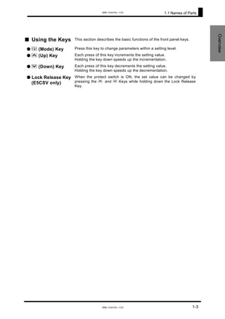 1.1 Names of Parts
Overview
■ Using the Keys This section describes the basic functions of the front panel keys.
● M (Mode) Key Press this key to change parameters within a setting level.
● U (Up) Key Each press of this key increments the setting value.
Holding the key down speeds up the incrementation.
● D (Down) Key Each press of this key decrements the setting value.
Holding the key down speeds up the decrementation.
● Lock Release Key
(E5CSV only)
When the protect switch is ON, the set value can be changed by
pressing the U and D Keys while holding down the Lock Release
Key.
1-3
www.eusens.com
www.eusens.com
 