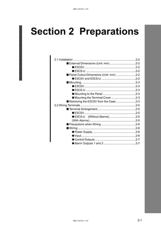 Section 2 Preparations
2.1 Installation ................................................................................2-2
■ External Dimensions (Unit: mm) .................................2-2
● E5CSV..................................................................2-2
● E5CS-U ................................................................2-2
■ Panel Cutout Dimensions (Unit: mm) .........................2-2
● E5CSV and E5CS-U ............................................2-2
■ Mounting......................................................................2-3
● E5CSV..................................................................2-3
● E5CS-U ................................................................2-3
● Mounting to the Panel ..........................................2-3
● Mounting the Terminal Cover ...............................2-3
■ Removing the E5CSV from the Case .........................2-3
2.2 Wiring Terminals.......................................................................2-5
■ Terminal Arrangement.................................................2-5
● E5CSV..................................................................2-5
● E5CS-U (Without Alarms) .................................2-5
(With Alarms)...........................................................2-5
■ Precautions when Wiring ............................................2-6
■ Wiring ..........................................................................2-6
● Power Supply........................................................2-6
● Input......................................................................2-6
● Control Outputs ....................................................2-7
● Alarm Outputs 1 and 2 .........................................2-7
2-1
www.eusens.com
www.eusens.com
 