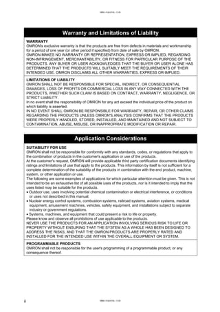 Warranty and Limitations of Liability
WARRANTY
OMRON's exclusive warranty is that the products are free from defects in materials and workmanship
for a period of one year (or other period if specified) from date of sale by OMRON.
OMRON MAKES NO WARRANTY OR REPRESENTATION, EXPRESS OR IMPLIED, REGARDING
NON-INFRINGEMENT, MERCHANTABILITY, OR FITNESS FOR PARTICULAR PURPOSE OF THE
PRODUCTS. ANY BUYER OR USER ACKNOWLEDGES THAT THE BUYER OR USER ALONE HAS
DETERMINED THAT THE PRODUCTS WILL SUITABLY MEET THE REQUIREMENTS OF THEIR
INTENDED USE. OMRON DISCLAIMS ALL OTHER WARRANTIES, EXPRESS OR IMPLIED.
LIMITATIONS OF LIABILITY
OMRON SHALL NOT BE RESPONSIBLE FOR SPECIAL, INDIRECT, OR CONSEQUENTIAL
DAMAGES, LOSS OF PROFITS OR COMMERCIAL LOSS IN ANY WAY CONNECTED WITH THE
PRODUCTS, WHETHER SUCH CLAIM IS BASED ON CONTRACT, WARRANTY, NEGLIGENCE, OR
STRICT LIABILITY.
In no event shall the responsibility of OMRON for any act exceed the individual price of the product on
which liability is asserted.
IN NO EVENT SHALL OMRON BE RESPONSIBLE FOR WARRANTY, REPAIR, OR OTHER CLAIMS
REGARDING THE PRODUCTS UNLESS OMRON'S ANALYSIS CONFIRMS THAT THE PRODUCTS
WERE PROPERLY HANDLED, STORED, INSTALLED, AND MAINTAINED AND NOT SUBJECT TO
CONTAMINATION, ABUSE, MISUSE, OR INAPPROPRIATE MODIFICATION OR REPAIR.
Application Considerations
SUITABILITY FOR USE
OMRON shall not be responsible for conformity with any standards, codes, or regulations that apply to
the combination of products in the customer's application or use of the products.
At the customer's request, OMRON will provide applicable third party certification documents identifying
ratings and limitations of use that apply to the products. This information by itself is not sufficient for a
complete determination of the suitability of the products in combination with the end product, machine,
system, or other application or use.
The following are some examples of applications for which particular attention must be given. This is not
intended to be an exhaustive list of all possible uses of the products, nor is it intended to imply that the
uses listed may be suitable for the products.
• Outdoor use, uses involving potential chemical contamination or electrical interference, or conditions
or uses not described in this manual.
• Nuclear energy control systems, combustion systems, railroad systems, aviation systems, medical
equipment, amusement machines, vehicles, safety equipment, and installations subject to separate
industry or government regulations.
• Systems, machines, and equipment that could present a risk to life or property.
Please know and observe all prohibitions of use applicable to the products.
NEVER USE THE PRODUCTS FOR AN APPLICATION INVOLVING SERIOUS RISK TO LIFE OR
PROPERTY WITHOUT ENSURING THAT THE SYSTEM AS A WHOLE HAS BEEN DESIGNED TO
ADDRESS THE RISKS, AND THAT THE OMRON PRODUCTS ARE PROPERLY RATED AND
INSTALLED FOR THE INTENDED USE WITHIN THE OVERALL EQUIPMENT OR SYSTEM.
PROGRAMMABLE PRODUCTS
OMRON shall not be responsible for the user's programming of a programmable product, or any
consequence thereof.
ii
www.eusens.com
www.eusens.com
 