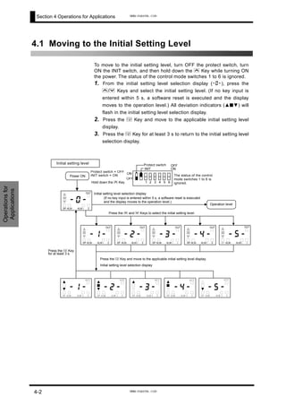 Section 4 Operations for Applications
4.1 Moving to the Initial Setting Level
•
To move to the initial setting level, turn OFF the protect switch, turn
ON the INIT switch, and then hold down the U Key while turning ON
the power. The status of the control mode switches 1 to 6 is ignored.
1. From the initial setting level selection display (-0-), press the
U/D Keys and select the initial setting level. (If no key input is
entered within 5 s, a software reset is executed and the display
moves to the operation level.) All deviation indicators (▲■▼) will
flash in the initial setting level selection display.
2. Press the M Key and move to the applicable initial setting level
display.
3. Press the M Key for at least 3 s to return to the initial setting level
selection display.
-0-
1 2ALMALMSP
OUT
Power ON
Initial setting level
-1-
1 2ALMALMSP
O UT
-2-
1 2ALMALMSP
O UT
-3-
1 2ALMALMSP
O UT
-4-
1 2ALMALMSP
O UT
-5-
1 2ALMALMSP
O UT
Press the M Key and move to the applicable initial setting level display.
Press the M Key
for at least 3 s.
Press the U and D Keys to select the initial setting level.
OFF
ON
OFF
ON
Protect switch
INIT
1 2 3 4 5 6
-5-
1 2ALMALMSP
OUT
-4-
1 2ALMALMSP
OUT
-3-
1 2ALMALMSP
OUT
-2-
1 2ALMALMSP
OUT
-1-
1 2ALMALMSP
OUT
Operation level
(If no key input is entered within 5 s, a software reset is executed
and the display moves to the operation level.)
Protect switch = OFF
INIT switch = ON
Hold down the U Key.
Initial setting level selection display
The status of the control
mode switches 1 to 6 is
ignored.
Initial setting level selection display
Operationsfor
Applications
4-2
www.eusens.com
www.eusens.com
 