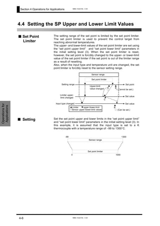 Section 4 Operations for Applications
4.4 Setting the SP Upper and Lower Limit Values
•
■ Set Point
Limiter
The setting range of the set point is limited by the set point limiter.
The set point limiter is used to prevent the control target from
reaching abnormal temperatures.
The upper- and lower-limit values of the set point limiter are set using
the “set point upper limit” and “set point lower limit” parameters in
the initial setting level (3). When the set point limiter is reset,
however, the set point is forcibly changed to the upper- or lower-limit
value of the set point limiter if the set point is out of the limiter range
as a result of resetting.
Also, when the input type and temperature unit are changed, the set
point limiter is forcibly reset to the sensor setting range.
▼▽ ▼ ▽
▽▽
▽
▼
▼
▼▽▼
Set point limiter
Sensor range
Set point
Set value
Set value
▼
▼
▼
Setting range
Limiter upper-
limit changed
▲Limiter　　▼upper-/lower-limit
▽Sensor upper-/lower-limit values
C
B
○ (Can be set.)
B
×(Cannot be set.)
Upper-limit
value changed A
○
▼
Input type changed
Operationsfor
Applications
■ Setting Set the set point upper and lower limits in the “set point upper limit”
and “set point lower limit” parameters in the initial setting level (3). In
this example, it is assumed that the input type is set to a K
thermocouple with a temperature range of −99 to 1300°C.
Sensor range
1300
Set point limiter
-99
0 1000
4-6
www.eusens.com
www.eusens.com
 