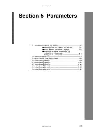 Section 5 Parameters
5.1 Conventions Used in this Section................................................. 5-2
● Meanings of Icons Used in this Section.............. 5-2
● About Related Parameter Displays ..................... 5-2
● The Order in Which Parameters Are
Described in This Section ................................... 5-2
5.2 Operation Level ............................................................................ 5-3
5.3 Moving to the Initial Setting Level................................................. 5-8
5.4 Initial Setting Level (1).................................................................. 5-9
5.5 Initial Setting Level (2)................................................................ 5-14
5.6 Initial Setting Level (3)................................................................ 5-16
5.7 Initial Setting Level (4)................................................................ 5-20
5.8 Initial Setting Level (5)................................................................ 5-24
5-1
www.eusens.com
www.eusens.com
 