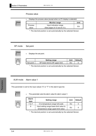 Section 5 Parameters
Parameters
Process value
Displays the process value (except when no PV display is selected)
* The decimal position is set automatically by the selected Sensor.
Monitor range Unit
Process
value
Input indication range
(See pages A-12 and A-13.)
EU
•
Function
SP mode Set point
• Displays the set point.
* The decimal position is set automatically by the selected Sensor.
Setting range Unit Default
Set point SP lower limit to SP upper limit EU 0
Function
Setting
ALM mode Alarm value 1
This parameter is set to the input values “X” or “Y” in the alarm type list.
• This parameter sets the alarm value for alarm output 1.
* The decimal position is set automatically by the selected Sensor.
Alarm
type
Setting range Unit Default
1 to 7 0 to temperature range full scale EU 0
8 Input setting range lower-limit value to
temperature range upper-limit value
EU 0
Function
Setting
5-4
www.eusens.com
www.eusens.com
 
