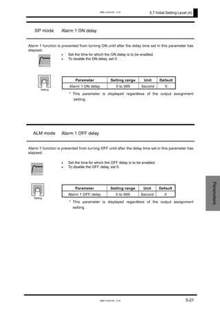 5.7 Initial Setting Level (4)
SP mode Alarm 1 ON delay
Alarm 1 function is prevented from turning ON until after the delay time set in this parameter has
elapsed.
Set the time for which the ON delay is to be enabled.
To disable the ON delay, set 0.
Parameter Setting range Unit Default
Alarm 1 ON delay 0 to 999 Second 0
* This parameter is displayed regardless of the output assignment
setting.
•
•
Function
Setting
ALM mode Alarm 1 OFF delay
Alarm 1 function is prevented from turning OFF until after the delay time set in this parameter has
elapsed.
•
•
Set the time for which the OFF delay is to be enabled.
To disable the OFF delay, set 0.
Parameter Setting range Unit Default
Alarm 1 OFF delay 0 to 999 Second 0
* This parameter is displayed regardless of the output assignment
setting.
Function
Parameters
Setting
5-21
www.eusens.com
www.eusens.com
 