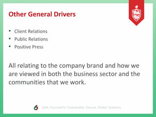 Other General Drivers
• Client Relations
• Public Relations
• Positive Press
All relating to the company brand and how we
are viewed in both the business sector and the
communities that we work.
 