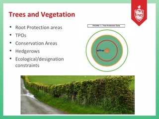 Trees and Vegetation
• Root Protection areas
• TPOs
• Conservation Areas
• Hedgerows
• Ecological/designation
constraints
 
