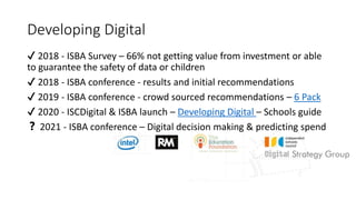 Developing Digital
✔️ 2018 - ISBA Survey – 66% not getting value from investment or able
to guarantee the safety of data or children
✔️ 2018 - ISBA conference - results and initial recommendations
✔️ 2019 - ISBA conference - crowd sourced recommendations – 6 Pack
✔️ 2020 - ISCDigital & ISBA launch – Developing Digital – Schools guide
❓ 2021 - ISBA conference – Digital decision making & predicting spend
 