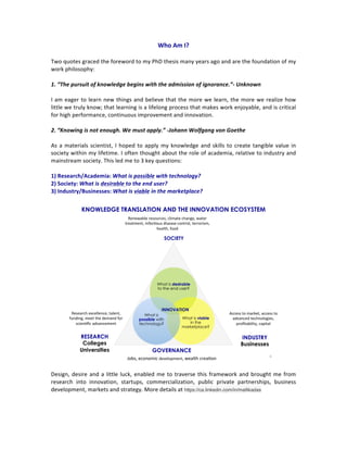 Who	
  Am	
  I?	
  
	
  
Two	
  quotes	
  graced	
  the	
  foreword	
  to	
  my	
  PhD	
  thesis	
  many	
  years	
  ago	
  and	
  are	
  the	
  foundation	
  of	
  my	
  
work	
  philosophy:	
  
	
  
1.	
  “The	
  pursuit	
  of	
  knowledge	
  begins	
  with	
  the	
  admission	
  of	
  ignorance.”-­‐	
  Unknown	
  
	
  
I	
  am	
  eager	
  to	
  learn	
  new	
  things	
  and	
  believe	
  that	
  the	
  more	
  we	
  learn,	
  the	
  more	
  we	
  realize	
  how	
  
little	
  we	
  truly	
  know;	
  that	
  learning	
  is	
  a	
  lifelong	
  process	
  that	
  makes	
  work	
  enjoyable,	
  and	
  is	
  critical	
  
for	
  high	
  performance,	
  continuous	
  improvement	
  and	
  innovation.	
  
	
  
2.	
  “Knowing	
  is	
  not	
  enough.	
  We	
  must	
  apply.”	
  -­‐Johann	
  Wolfgang	
  von	
  Goethe	
  
	
  
As	
  a	
  materials	
  scientist,	
  I	
  hoped	
  to	
  apply	
  my	
  knowledge	
  and	
  skills	
  to	
  create	
  tangible	
  value	
  in	
  
society	
  within	
  my	
  lifetime.	
  I	
  often	
  thought	
  about	
  the	
  role	
  of	
  academia,	
  relative	
  to	
  industry	
  and	
  
mainstream	
  society.	
  This	
  led	
  me	
  to	
  3	
  key	
  questions:	
  	
  
	
  
1)	
  Research/Academia:	
  What	
  is	
  possible	
  with	
  technology?	
  	
  
2)	
  Society:	
  What	
  is	
  desirable	
  to	
  the	
  end	
  user?	
  	
  	
  
3)	
  Industry/Businesses:	
  What	
  is	
  viable	
  in	
  the	
  marketplace?	
  	
  
	
  
	
  
Design,	
  desire	
  and	
  a	
  little	
  luck,	
  enabled	
  me	
  to	
  traverse	
  this	
  framework	
  and	
  brought	
  me	
  from	
  
research	
   into	
   innovation,	
   startups,	
   commercialization,	
   public	
   private	
   partnerships,	
   business	
  
development,	
  markets	
  and	
  strategy.	
  More	
  details	
  at	
  https://ca.linkedin.com/in/mallikadas
	
  
	
  
KNOWLEDGE TRANSLATION AND THE INNOVATION ECOSYSTEM
What is desirable
to the end user?
What is viable
in the
marketplace?
What is
possible with
technology?
RESEARCH
Colleges
Universities
SOCIETY
INDUSTRY
Businesses
GOVERNANCE
Renewable(resources,(climate(change,(water(
treatment,(infec5ous(disease(control,(terrorism,(
health,(food(
Access(to(market,(access(to(
advanced(technologies,(
proﬁtability,(capital((
Research(excellence,(talent,(
funding,(meet(the(demand(for(
scien5ﬁc(advancement(
Jobs,(economic(development,(wealth(crea5on(
INNOVATION
6(
 