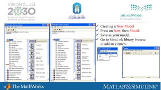 Creating a New Model
 Press on New, then Model.
 Save as your model.
 Go to Simulink library browse
to add an element.
 