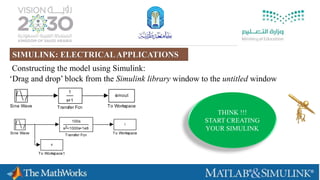 Constructing the model using Simulink:
1
s+1
Transfer Fcn
simout
To WorkspaceSine Wave
‘Drag and drop’ block from the Simulink library window to the untitled window
100s
s +1000s+1e62
Transfer Fcn
v
To Workspace1
i
To WorkspaceSine Wave
THINK !!!
START CREATING
YOUR SIMULINK
SIMULINK: ELECTRICALAPPLICATIONS
 