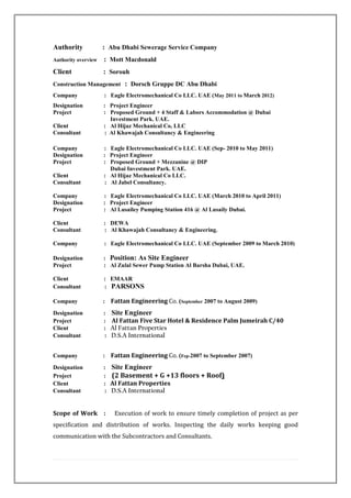 Authority : Abu Dhabi Sewerage Service Company
Authority overview : Mott Macdonald
Client : Sorouh
Construction Management : Dorsch Gruppe DC Abu Dhabi
Company : Eagle Electromechanical Co LLC. UAE (May 2011 to March 2012)
Designation : Project Engineer
Project : Proposed Ground + 4 Staff & Labors Accommodation @ Dubai
Investment Park. UAE.
Client : Al Hijaz Mechanical Co, LLC
Consultant : Al Khawajah Consultancy & Engineering
Company : Eagle Electromechanical Co LLC. UAE (Sep- 2010 to May 2011)
Designation : Project Engineer
Project : Proposed Ground + Mezzanine @ DIP
Dubai Investment Park. UAE.
Client : Al Hijaz Mechanical Co LLC.
Consultant : Al Jabel Consultancy.
Company : Eagle Electromechanical Co LLC. UAE (March 2010 to April 2011)
Designation : Project Engineer
Project : Al Lusailey Pumping Station 416 @ Al Lusaily Dubai.
Client : DEWA
Consultant : Al Khawajah Consultancy & Engineering.
Company : Eagle Electromechanical Co LLC. UAE (September 2009 to March 2010)
Designation : Position: As Site Engineer
Project : Al Zulal Sewer Pump Station Al Barsha Dubai, UAE.
Client : EMAAR
Consultant : PARSONS
Company : Fattan Engineering Co. (September 2007 to August 2009)
Designation : Site Engineer
Project : Al Fattan Five Star Hotel & Residence Palm Jumeirah C/40
Client : Al Fattan Properties
Consultant : D.S.A International
Company : Fattan Engineering Co. (Fep-2007 to September 2007)
Designation : Site Engineer
Project : (2 Basement + G +13 floors + Roof)
Client : Al Fattan Properties
Consultant : D.S.A International
Scope of Work : Execution of work to ensure timely completion of project as per
specification and distribution of works. Inspecting the daily works keeping good
communication with the Subcontractors and Consultants.
 