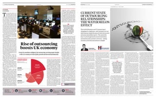04 | FUTURE OF OUTSOURCING 10 / 12 / 2015 | RACONTEURraconteur.net FUTURE OF OUTSOURCING | 05RACONTEUR | 10 / 12 / 2015 raconteur.net
COMMERCIAL FEATURE
ents, based on the pillars of strategy, under-
standingofthecustomer’sbusiness,design,
measurement,governanceandculture.
This team is now looking to apply these
principlesonthebottom80percentofthe
clients of the largest outsourcing compa-
nies. Offering clients the best technology
services available and a more productive
customer relationship with their outsourc-
ing partner could be a real game-changer
for the outsourcing industry.
Mr Srikrishna illustrates this by recalling
a recent client acquisition at Hexaware. He
says: “This company had been with their
previous service provider for eight years
and they made it very clear to me that
switching service providers was not a de-
cision they made very easily.
“What it came down to was they were
paying a lot of money, but in return were
notdeliveredaservicethatwasworldclass
byanymeans.Evenwhentheypointedout
thattheyweren’thappy,theproviderdidn’t
listen. The reason they came to Hexaware
is not because of money, but because we
providethemwiththerightlevelofservice
and attention.”
Hexaware’s message to companies
across all industry sectors is simple. They
can let the status quo continue with their
outsourcingprovidersortheycouldsignif-
icantly increase the value they derive from
new digital technologies simply by chang-
ingtheiroutsourcingpartnerforonethatis
attheforefrontoftechnologicaladvances,
is very customer focused and will deliver
on all its outsourcing promises.
Forfurtherinformationplease
visitwww.hexaware.comore-mail
info@hexaware.com
CURRENT STATE
OF OUTSOURCING
RELATIONSHIPS:
THE WATERMELON
EFFECT
The world of business and IT outsourcing is
changing at a rapid pace, and customers are not
able keep up, largely because of a lack of executive
attention and skilled experts. The need of the
hour is a fresh approach towards innovation,
automation and customer centricity – taking
customers from discontentment to delight
Companies from across all industry sec-
tors are looking to their outsourcing part-
ners to harness the best of new digital
technologies to stay ahead of current
and future competitors, while delivering
a more focused customer service. Hex-
aware Technologies is using its innova-
tive strategy to give clients an alternative
that the digital marketplace is demanding
from its participants.
A global provider of IT and business
consulting services, Hexaware is led by a
team of experts who have witnessed the
evolution of the outsourcing industry over
thelast20years,andwhounderstandvery
well how the technological advances can
create new revenue streams and shake up
well-established industries.
At a time when outsourcing vendors
should be leading the way for their clients
and ushering in the golden digital age,
what is ironic is how very few vendors are
able to deliver the value clients expect
from their outsourcing contracts.
Hexaware’s chief executive officer R.
Srikrishna says: “I have seen the changes
that have taken place in our industry; or-
ganisations shifting their focus from their
customers as a priority to their profits. The
result is often a poor relationship between
thecustomeranditsoutsourcingpartner.”
What has led the industry into this cur-
rentsituation?AccordingtoHexaware,itis
a phenomenon known as the “watermel-
on effect”. On the outside, a watermelon
is smooth, shiny and green, but under the
surface it is red and very fragile. The stark
contrast is symbolic of the sub-optimal
relationships that exist between com-
panies and their outsourcing partners.
Part of the problem is that over the
years many outsourcing companies have
become too big and therefore unable to
provide the right attention and quality of
service to most of their customers. Yet,
customerscontinuetousetheservicepro-
vider,notbecausetheyaretrulydelighted,
or even satisfied, but because they cannot
see an alternative.
Many of the large outsourcing compa-
nies have pursued growth relentlessly and
aggressively, and done it using a pyramid
strategy, where new recruits especially
fresh college graduates are added in large
numbers to perform low-level manual
tasks and improve the margins of the out-
sourcing contracts.
These individuals are picked out of col-
lege and put into a job, often with little or
no experience, and no understanding or
insight in terms of how the hyper-compet-
itivedigitalworldoperates.Assoonasthey
have gained a couple of years’ experience,
working on the same account, they are
moved into a more senior role, taking with
themalltheknowledgeaboutthecustom-
er’s business that has been built into the
team.Noknowledgemanagementsystem
can compensate for this.
Hexaware takes the anti-pyramid ap-
proach. Consultants stay with the same
clientaccountforatleastfouryears,which
strengthensthecustomerrelationship,and
enables the retention of skills and knowl-
edge within the organisation.
The company brings together the best
of its talent pool and cutting-edge digital
technologies to deliver the best business
value to its customers. Employees are en-
couraged to think about innovation and
share their ideas with each other and with
their client managers on how to improve
operations on an ongoing basis. Indeed,
Hexaware often contractually commits to
such ideas and considers this a fundamen-
tal part of an outsourcing vendor’s role.
Hexaware account teams are extreme-
ly agile, independent and have freedom
to make decisions. In doing so they also
create a greater customer-led culture
within the organisation.
But pyramid strategy aside, a perfect
stormisbrewingandcausingrealchalleng-
es for the largest of outsourcing service
providers – and that is automation.
The technology behind automation and
robotics can help companies streamline
their operations, improve product quality
and cut costs, as many in the manufactur-
ing,retailanddistribution,andautomotive
sectors have already done.
Hexaware firmly believes that a new
era of automation is setting in that could
eliminate30to50percentoftheactivities
that a typical outsourcing partner delivers
today, especially those manual activities
performed by fresh inexperienced gradu-
ates at the bottom of the pyramid. Auto-
mation can create added value to clients
beyond that which their traditional out-
sourcing vendors are able to provide.
In addition, Hexaware believes few of
the large established outsourcing ven-
dors are capable of shrinking their own
revenue base so dramatically, being so
heavily dependent upon the traditional
pyramid model to deliver services. Deliv-
ering the full potential of automation to
clients has associated human, social and
revenue impacts that large vendors just
cannot ignore.
Withinthelargestoutsourcingvendors,
the size that was once their strength be-
comestheirliability,fortheylacktheagility
to adapt to the change automation is un-
leashing. And in the process the custom-
er loses out; not only do they continue to
pay between 30 per cent and 50 per cent
more than they should, they are doing so
to vendors that use their environments for
trainingandrotatingfreshgraduatesatthe
bottom of their pyramids.
For a company such as Hexaware, its
“right size” becomes one of its greatest
assets, and its commitment to use auto-
mation and deliver financial benefits to
its customers beyond what the market is
willing to provide is further strengthening
its market position.
Hexaware has no plans to embark on a
high-volumeclientacquisitionstrategy.In-
stead the company has set out a strategy
to acquire only a handful of new custom-
ers every quarter. At that rate of acquisi-
tionthecompanyknowsitcandeliveronits
commitment to provide executive atten-
tionandbuildrelationshipsthataredeeper
and stronger, and be in a better position to
understand their customer priorities.
The leadership team at Hexaware has a
six-prongedstrategytodeliveraworld-class
customer experience to its outsourcing cli-
R Srikrishna
Chief executive officer
Part of the problem is
that over the years many
outsourcing companies
have become too big
and therefore unable
to provide the right
attention and quality
of service to most of
their customers
Rise of outsourcing
boosts UK economy
It may be sometimes maligned, but outsourcing can bring major benefits
to the UK economy in terms of jobs, growth and increased productivity
T
he outsourcing industry is an
increasingly important driver
of the UK economy. According
to the Business Services Asso-
ciation (BSA), almost 10 per cent of the
UK’s workforce is employed in outsourc-
ing, accounting for 3.3 million jobs or
one in ten workers. In the third quarter
of 2015, £2.2 billion of outsourcing con-
tracts were signed, an increase of 69 per
cent on the previous year.
The BSA recently published research,
conducted by Oxford Economics, which
shows an increase in outsourcing of 1 per
cent adds £2 billion in productivity gains
to the UK economy each year. For every
percentage point that outsourcing grew
between 1995 and 2013, GDP growth in-
creased 0.37 per cent per year faster than
it would have otherwise and productivity
has increased faster by 0.12 per cent.
“The notion that businesses or govern-
ments should try to do everything them-
selves is as misguided as it is old fash-
ioned. Bringing in experts simply makes
sense,” it concludes.
As a global comparison, the UK is behind
only the United States in terms of the
strength of its outsourcing sector, accord-
ing to Mark Fox, the BSA’s chief executive.
Dr Anthony Mitchell of the Hult Inter-
national Business School, who has re-
searched the subject, says of its develop-
ment over the years: “The UK companies
with their ‘liberal market economy’ ap-
proach were quick to outsource, favoured
short-term cost-savings, but were also
more flexible and agile. Radical changes
were successfully negotiated with trade
unions and suppliers to seemingly favour
shareholders, and management were less
constrained by institutional factors and
capitalist constraints.”
Despite this buoyancy, business pro-
cess outsourcing (BPO) is often asso-
ciated in the minds of the public with
offshore call centres and a desire by com-
panies to drive down costs at the expense
of customer service. It’s an image that
the BSA’s Mr Fox is keen to dispel.
“Outsourcing is a big part of the econo-
my and it’s not just about Indian call cen-
tres – it’s about companies running more
efficiently and focusing on their core
skills,” he says. “It’s a dynamic industry
that’s not properly understood. It’s not
just about cutting costs; it’s about better
quality of service.”
Outsourcing companies themselves
are also fighting back. Property Web-
masters, for instance, which is based in
Hartlepool, designs and builds websites
for estate agents across the world and is
keen to see the government’s idea of a
Northern Powerhouse develop. Unable
to find talent locally, they outsourced to a
British IT outsourcing company based in
the Philippines called Cloud Employee.
“The public’s perception of outsourcing
and the reality of what we do are two very
different things,” says Cloud Employee’s
co-founder Nick Hargreaves. “We’re sup-
porting the growth of UK companies by
providing them with dedicated staffing re-
sources that would otherwise be unavaila-
ble to them. This enables them to grow the
company so they can remain competitive
and employ more people where there are
local skillsets available, and also then have
thetimeandresourcestotrainfreshtalent,
be they apprentices or new graduates.”
According to Dr Aleksej Heinze from the
Salford Business School’s Centre for Digital
Business, outsourcing plays a particular
role in boosting the fortunes of smaller
companies. “As a small business you need
to be efficient at what you do and you can’t
do everything at the same level of efficien-
cy if you have a small operation,” he says.
“Because of the complex nature of technol-
ogy, there are often times when you can’ be
an expert in everything. We’re getting to a
level of digital outsourcing opportunities
wheresmalltasks,suchasdesigningalogo,
creating a PowerPoint presentation, could
be done at low cost by experts.
“We’re getting more accustomed to the
idea that we need things done quickly
and there is no stopping digital com-
munications at any time. Outsourcing is
becoming a major opportunity for small
and medium-sized enterprises to tap into
resources and can help them to develop
their competitive advantage.”
Independent research commissioned
by Aspect, a software provider and carried
out in August among organisations that
provide BPO services, showed that 94 per
cent of those asked believe the values of
their organisation’s new business contracts
are “higher to some extent” in 2015 than in
2014. However, more significantly, around
two thirds are planning to increase invest-
ment in technology, environment, process-
es and training. As a sales point, a “skilled
workforce” ranks, at 60 per cent, nearly as
highlyasbeing“costeffective”(62percent).
As the debate continues about the UK’s
position as a low-skilled, low-wage econ-
omy, outsourcing companies are clearly
investing more in training and develop-
ment. One consequence of having a more
skilled work force is that outsourcing
companies will have to pay higher sala-
ries, further increasing their contribution
to the UK economy.
The Contact Company launched in
Merseyside in 2006 and is now one of the
largest independent contact centres in
the UK, with more than 1,500 staff at peak
times operating at two sites. Its remit has
grown significantly over the past few years
and its services now include customer
call-handling, inbound sales and com-
plaints, e-mail and social media queries,
live chat and data capture. One client is re-
tailer Rakuten, formerly Play.com, which
has decided to “reshore” its services.
“Currently more than 95 per cent of
the Contact Company’s staff are stud-
ying NVQs [National Vocational Quali-
fications], ILM [Institute of Leadership
and Management] courses or similar
and every staff member has a personal
development plan,” says Asif Hamid, its
chief executive. “Since launching, we’ve
committed to re-investing at least 20
per cent of annual profits into training.
So far that totals almost half a million
pounds.” Technology is the key driver
of the need to upskill, he says, and the
costs of training are easily recouped.
Mr Hamid believes investment and
staff training are the only ways to ensure
outsourcing continues to contribute to
the UK economy. “Outsourcing busi-
nesses must be looking ten years ahead,
and identifying the challenges and op-
portunities,” he says. “The phrase ‘om-
nichannel’ is very popular currently, but
if a business is considering how to meet
demand for this, then it’s already too
late. Future-proofing our technologies
and systems is essential to stay ahead of
the curve.”
ECONOMY
SIMON BROOKE
Outsourcing is a big part
of the economy and it’s
not just about Indian
call centres – it’s about
companies running more
efficiently and focusing
on their core skills
Share this article on social media via
raconteur.net
Source: Business Services
Association/Oxford Economics 2015
UK BUSINESS SERVICES
REVENUE BY INDUSTRY
KEY FACTS
ABOUT UK
OUTSOURCING
Source: Business Services Association/Oxford Economics 2015
people work in outsourcing,
equal to 10 per cent of the
total workforce
3.3m
of all economic
output is attributed
to outsourcing
8.7%
generated in
outsourcing
revenues a year
£262.8bn
increase in outsourcing
adds £2bn to the
economy each year
1%
of all outsourcing
services are purchased
by private-sector clients
69.5%
Atos
Offices of IT and business process outsourcing firm Atos, one of the largest outsourcing companies in the UK
Construction and
maintenance
£92.5bn
Telecoms, IT
and data services
£75bn
Business process
outsourcing
Facilities
management
Outsourced frontline
public services
£15.5bn
£31.7bn
£48.1bn
 