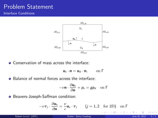 Problem Statement
Interface Conditions
nd Γ
Ωs
Ωd
∂Ωs,N
∂Ωs,N
∂Ωd,D
∂Ωd,N
∂Ωs,D
∂Ωd,N
n
n
Conservation of mass across the interface:
us · n = ud · n, on Γ
Balance of normal forces across the interface:
−νn ·
∂us
∂n
+ ps = gpd on Γ
Beavers-Joseph-Saﬀman condition:
−ντj ·
∂us
∂n
=
ν
ǫ
us · τj (j = 1, 2 for 2D) on Γ
Raheel Ahmed (UPC) Stokes - Darcy Coupling June 25, 2012 5 / 1
 