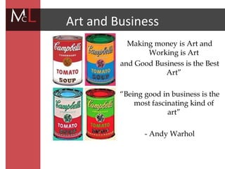 title
Art and Business
Making money is Art and
Working is Art
and Good Business is the Best
Art”
“Being good in business is the
most fascinating kind of
art”
- Andy Warhol
 
