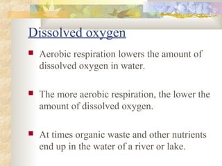 Dissolved oxygen 
 Aerobic respiration lowers the amount of 
dissolved oxygen in water. 
 The more aerobic respiration, the lower the 
amount of dissolved oxygen. 
 At times organic waste and other nutrients 
end up in the water of a river or lake. 
 