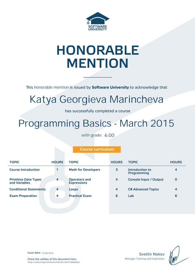 SoftUni Programming Basics Certificate | PDF