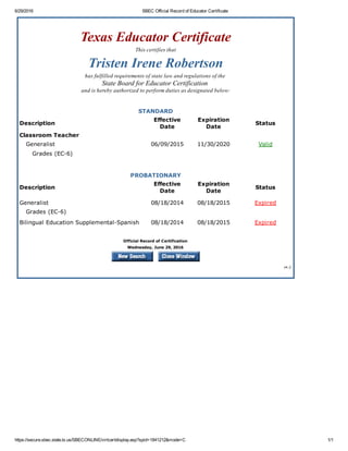 SBEC Official Record of Educator Certificate PDF SBEC Official Record of Educator Certificate PDF