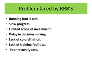 Problem faced by RRB’S
• Running into losses.
• Slow progress.
• Limited scope of investment.
• Delay in decision making.
• Lack of co-ordination.
• Lack of training facilities.
• Poor recovery rate.
 