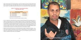 122 123
Desde a implementação do Plano Brasil Sem Miséria o volume de transferência de renda do Programa Bolsa Família
(PBF) em Santo André chegou a quase R$69 milhões. Desse volume, R$26 milhões injetados em 2013, conforme
ilustra a tabela 27, o que significa cerca de R$2 milhões por mês, ou uma média de R$132, 00 per capita por família.
Tabela 27. Transferências* sociais do governo federal
Santo André, 2011 a 2013
Programa Bolsa Família (PBF)
Ano Valores Absolutos acumulados Média Mensal
2011 R$ 20.450.596,00 R$ 1.704.216,33
2012 R$ 22.951.440,00 R$ 1.912.620,00
2013 R$ 26.414.226,00 R$ 2.201.185,50
Fonte: MDS, 2013. Elaboração DISE/SOPP/PSA
		 *Valor total de recursos financeiros pagos em benefícios às famílias
Por fim, é sabido que o comprometimento do município com ações de fortalecimento da participação social e ci-
dadania nos diversos âmbitos que essas condições se explicitam é histórico. Em muitas ocasiões, os programas exi-
tosos empreendidos pelo governo local serviram de referência para que políticas públicas pudesssem ser gestadas
e implementadas nas diversas esferas governamentais. No entanto, tal como a vida social que se reinventa a cada
momento com novos desafios postados à sociedade; a superação da pobreza, a inserção qualificada de pessoas ao
mercado de trabalho, o acesso a bens e serviços inerentes aos direitos de cada um dos cidadãos também se altera
ao sabor das mudanças temporais e do movimento das estruturas socioeconômicas e políticas.
Aguarda-se que este Panorama possa ser um ponto de apoio para os objetivos propostos pela Prefeitura . Certa-
mente aspectos poderão ser explicitados de formas diversas e complementados por outras abordagens, mas esta
dinâmica que compõe trabalhos como este também se coaduna com uma sociedade ágil, articulada e desejosa em
melhorar a qualidade de vida de todos os seus cidadãos/ãs.
Paciente do Núcleo de Atenção Psicossocial II (NAPS II) | Foto: Miguel Denser/PSA
 