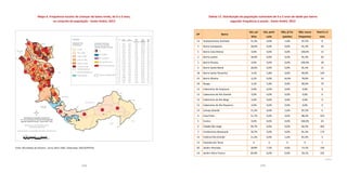 174 175
Cubatão
Santos
Mogi das Cruzes
Suzano
Rio Grande da Serra
São Bernardo
do Campo
São Caetano
do Sul
São Paulo
Ribeirão Pires
Mauá
1
2
5
6
7
8
9
10
11
12
13
1415
16
17
18
19
20
21
22
23
3
13
134
Mapa 6. Frequência escolar de crianças de baixa renda, de 0 a 3 anos,
no conjunto da população - Santo André, 2013
Tabela 11. Distribuição da população vulnerável de 0 a 3 anos de idade por bairro
segundo frequência à escola - Santo André, 2013
AP Bairro
Sim, pú-
blica
Sim, parti-
cular
Não, já fre-
quentou
Não, nunca
frequentou
Total 0 a 3
anos
13 Acampamento Anchieta 11,2% 0,0% 1,6% 87,2% 8
3 Bairro Campestre 18,6% 0,0% 0,0% 81,4% 35
5 Bairro Casa Branca 0,0% 0,0% 0,0% 100,0% 15
3 Bairro Jardim 18,6% 0,0% 0,0% 81,4% 20
1 Bairro Paraíso 0,0% 0,0% 0,0% 100,0% 18
3 Bairro Santa Maria 18,6% 0,0% 0,0% 81,4% 11
18 Bairro Santa Terezinha 4,2% 5,8% 0,0% 90,0% 102
23 Bairro Silveira 6,2% 0,0% 14,9% 78,9% 14
18 Bangu 4,2% 5,8% 0,0% 90,0% 70
13 Cabeceiras do Araçauva 0,0% 0,0% 0,0% 0,0% 0
13 Cabeceiras do Rio Grande 0,0% 0,0% 0,0% 0,0% 0
13 Cabeceiras do Rio Mogi 0,0% 0,0% 0,0% 0,0% 0
13 Cabeceiras do Rio Pequeno 0,0% 0,0% 0,0% 0,0% 0
13 Campo Grande 11,2% 0,0% 1,6% 87,2% 4
4 Cata Preta 11,7% 0,0% 0,0% 88,3% 423
5 Centro 0,0% 0,0% 0,0% 100,0% 24
6 Cidade São Jorge 39,7% 0,0% 0,0% 60,3% 403
7 Condomínio Maracanã 18,7% 0,0% 0,0% 81,3% 173
13 Estância Rio Grande 11,2% 0,0% 1,6% 87,2% 5
13 Fazenda dos Tecos X X X X 1
20 Jardim Alvorada 18,8% 7,5% 0,0% 73,7% 169
14 Jardim Alzira Franco 40,9% 0,0% 0,0% 59,1% 102
Fonte: Microdados da Amostra - Censo 2010 / IBGE. Elaboração: DISE/SOPP/PSA
AP Sim,
pública
Sim,
particular
Não,
já
frequentou
Não,
nunca
frequentou
Total
por
AP
1 0,0% 0,0% 0,0% 100,0% 104
2 11,6% 28,8% 0,0% 59,6% 362
3 18,6% 0,0% 0,0% 81,4% 86
4 11,7% 0,0% 0,0% 88,3% 1.275
5 0,0% 0,0% 0,0% 100,0% 156
6 39,7% 0,0% 0,0% 60,3% 903
7 18,7% 0,0% 0,0% 81,3% 631
8 9,9% 12,4% 0,0% 77,7% 100
9 0,0% 0,0% 18,7% 81,3% 134
10 12,4% 0,0% 11,9% 75,7% 553
11 16,7% 3,7% 1,4% 78,2% 1.026
12 40,6% 6,6% 0,0% 52,9% 224
13 11,2% 0,0% 1,6% 87,2% 584
14 40,9% 0,0% 0,0% 59,1% 510
15 32,2% 0,0% 0,0% 67,8% 224
16 21,0% 0,0% 0,0% 79,0% 165
17 2,4% 6,7% 0,0% 90,9% 227
18 4,2% 5,8% 0,0% 90,0% 469
19 0,0% 0,0% 10,4% 89,6% 241
20 18,8% 7,5% 0,0% 73,7% 469
21 15,7% 0,0% 0,9% 83,5% 537
22 20,7% 1,8% 0,1% 77,4% 919
23 6,2% 0,0% 14,9% 78,9% 142
População Vulnerável
de 0 a 3 anos de idade
segundo frequência escolar
Área de Ponderação (AP)
%
Sim, pública
Sim, particular
Não, já frequentou
Não, nunca frequentou
Distribuição da População Vulnerável de
0 a 3 anos de idade por Área de Ponderação (AP)
segundo frequência escolar - Santo André - 2013
				
Departamento de Indicadores Sociais
e Econômicos/SOPP/PSA
		
Fonte dos Dados: Censo (IBGE), base 2010, estimativa 2013
0 a 100
101 a 1.000
1.001 a 5.000
5.001 a 10.000
10.001 a 15.000
Acima de 15.000
Área Censitária/Bairros
Represa Billings
Legenda:
População Total
do Município
Total: 704.492 habitantes
continua
 