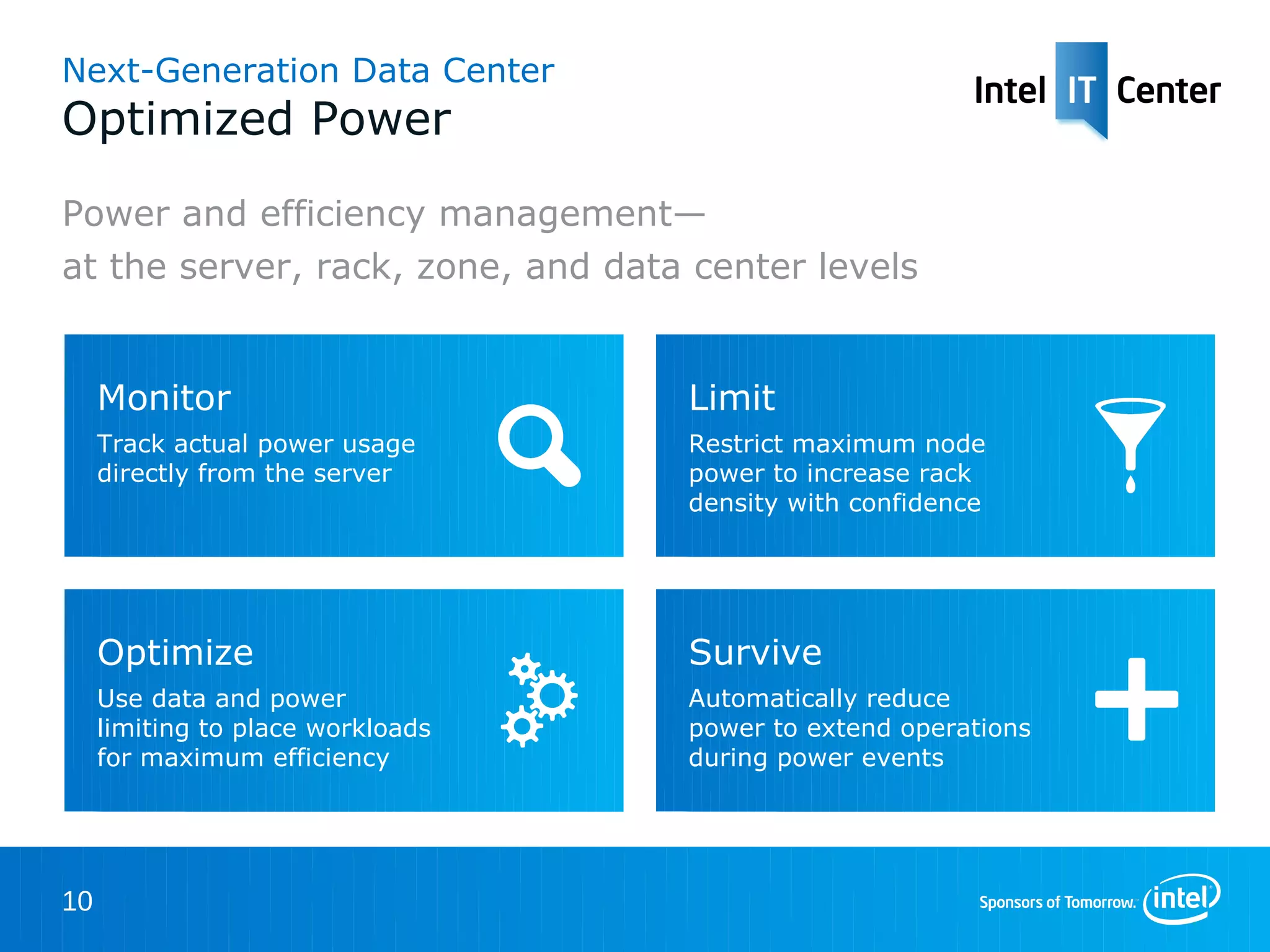 Next-Generation Data Center
Optimized Power
Power and efficiency management—
at the server, rack, zone, and data center levels


     Monitor                        Limit
     Track actual power usage       Restrict maximum node
     directly from the server       power to increase rack
                                    density with confidence




     Optimize                       Survive
     Use data and power             Automatically reduce
     limiting to place workloads    power to extend operations
     for maximum efficiency         during power events




10
 