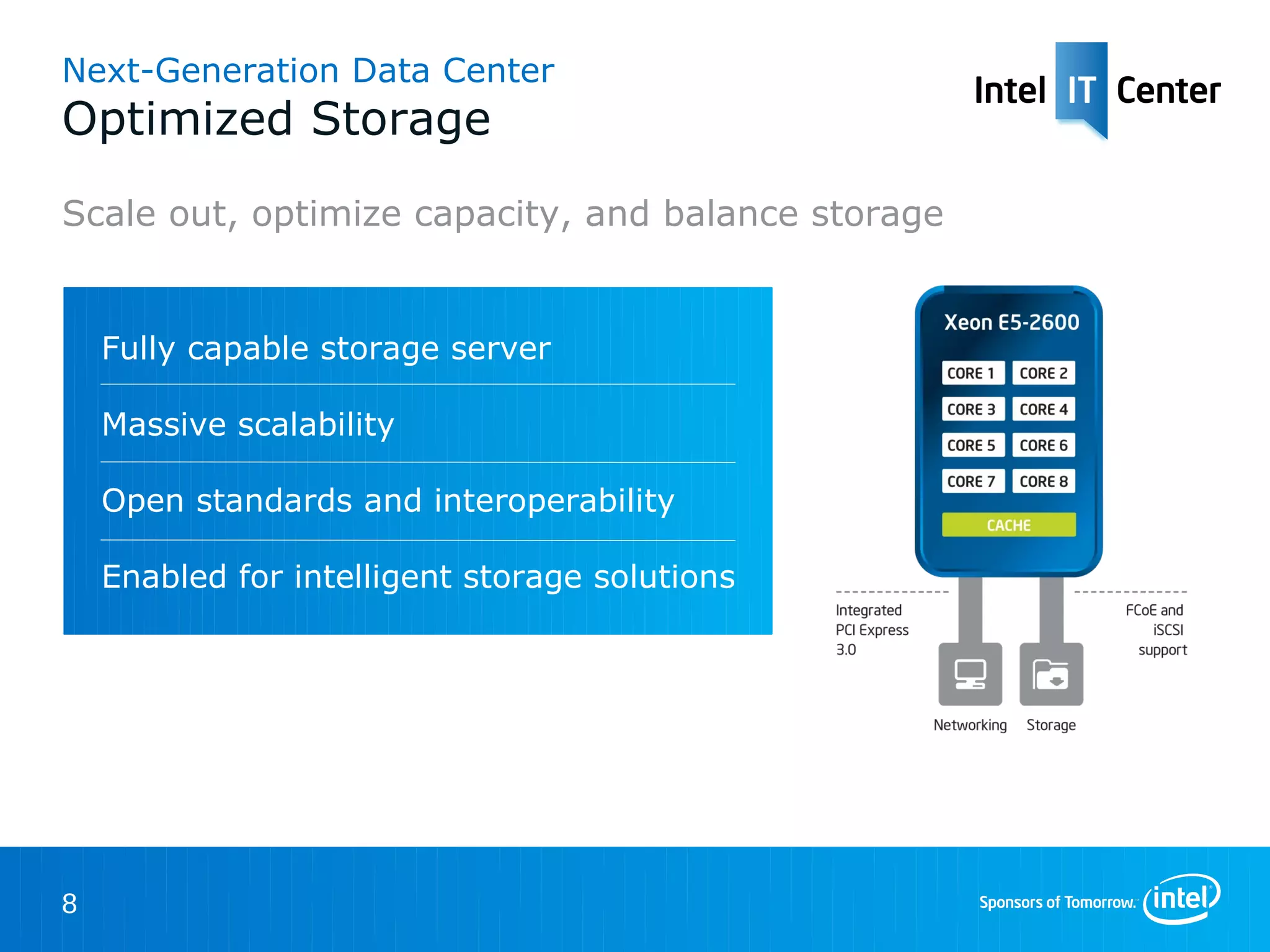 Next-Generation Data Center
Optimized Storage
Scale out, optimize capacity, and balance storage


    Fully capable storage server

    Massive scalability

    Open standards and interoperability

    Enabled for intelligent storage solutions




8
 